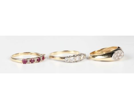 A 9ct gold and colourless gem set five stone ring, ring size approx T, a 9ct gold ring, mounted with a row of four circular c