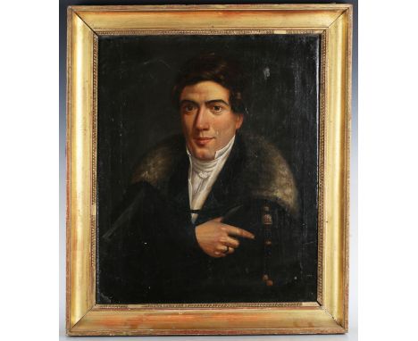Continental School - Half Length Portrait of a Gentleman wearing a Fur-trimmed Coat, White Shirt and Stock, 19th century oil 