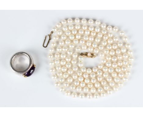 A single row necklace of uniform cultured pearls on a gold and cultured pearl clasp, detailed '375', length 103cm, and a silv