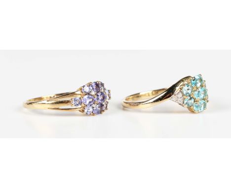 A 9ct gold, diamond and apatite cluster ring, Birmingham 2007, ring size approx S1/2, and a 9ct gold and mauve gem set cluste