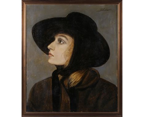 Michael Blaker - Half Length Profile Portrait of a Lady wearing a Black Wide-brimmed Hat, 20th century oil on canvas, signed,