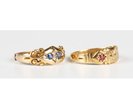 An Edwardian 18ct gold, ruby and diamond three stone ring, Chester 1904, ring size approx O, and an 18ct gold, sapphire and d