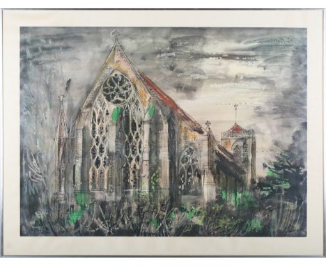 John Egerton Piper - Dorchester Abbey from the East, 20th century offset lithograph, signed in ink, sheet size 66.5cm x 87cm,