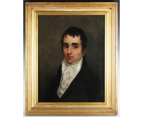 British School - Half Length Portrait of a Gentleman wearing a Black Jacket, White Shirt and Stock, 19th century oil on canva