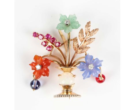 A gold, diamond, opal, ruby and varicoloured carved and stained agate brooch, 1970s, designed as a vase of flowers, unmarked,