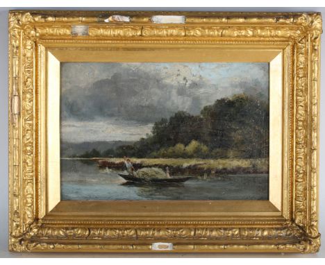 British School - Figures in a Punt on a River, 19th century oil on board, 19.5cm x 29cm, within a gilt composition frame, tog
