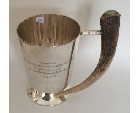 An unusual silver plated tankard with horn handle presented to 'The right Hon. Harold Wilson OBE. JRS. MP to mark the opening