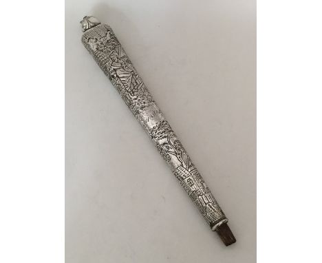 A large tapering silver walking stick handle mounted with figures. London 1888. By William Comyns. Approx. 212 grams. Est. £8