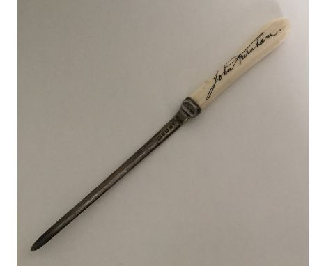 A heavy silver ivory handled letter opener. Birmingham. By SW Ltd. Approx. 47 grams. Est. £30 - £40.