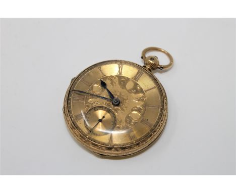 An 18ct gold open faced key wound pocket watch, champagne dial with Roman numerals and subsidiary seconds, the dial and case 