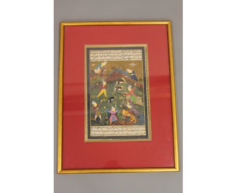Indian School (late 19th/early 20th century), a framed manuscript page depicting a hunt, gouache on paper.