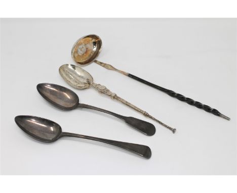 Two Georgian silver table spoons, together with a toddy ladle and another spoon. (4)