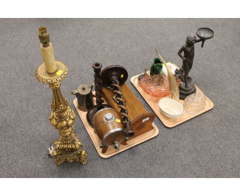 Two trays of carved candlesticks, oak spirit barrel, wooden book trough, large gilt table lamp, spelter figure. (q)