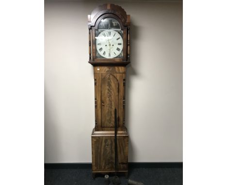 A 19th century longcase clock with painted dial by Clark of Morpeth, with pendulum and two weights, height 222cm. 