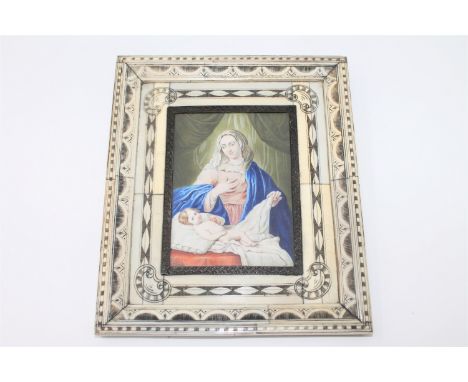 19th century Italian School, The Madonna and Child, gouache on ivory, within an ivory and penwork frame, signed Del Veccio, 8