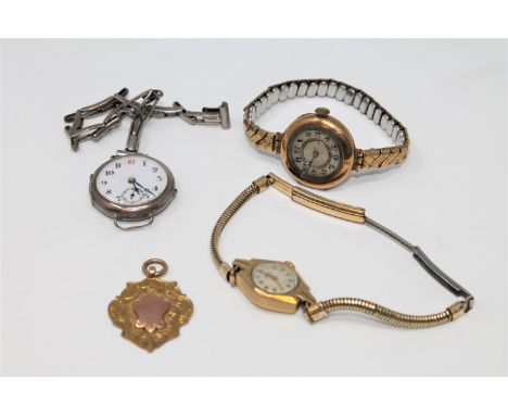 A 9ct gold fob, 4.1g, together with three vintage wrist watches. (4)