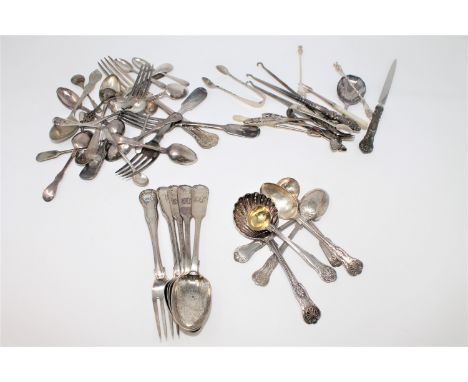 Four Victorian silver dessert spoons, Georgian silver fork, together with a collection of loose silver and plated cutlery. (Q