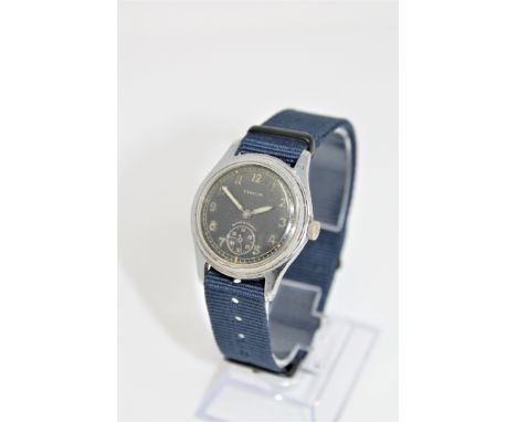 A vintage military wristwatch, signed Timor, black dial with luminous Arabic numerals, sword hands and subsidiary seconds, sc