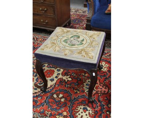 A mahogany tapestry upholstered stool on cabriole legs, in the 18th century style, width 51cm. 