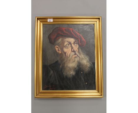 Continental school, 20th century, Portrait study of a bearded man, oil on canvas, indistinctly signed, 39cm by 49cm.  