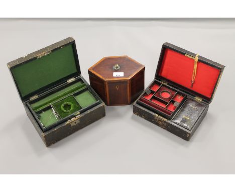 A 19th century hexagonal mahogany tea caddy, together with two 19th century jewellery caskets.   (3)