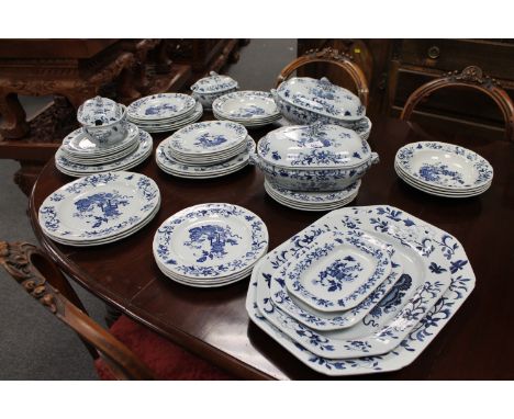 Fifty five pieces of Copeland Spode New Stone pattern blue and white dinner ware. (55) 