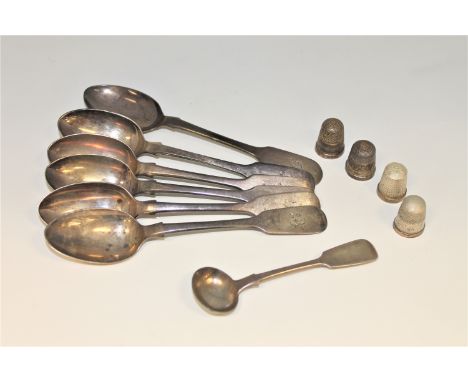 A set of six Victorian silver teaspoons, together with a silver caddy spoon and four silver thimbles.