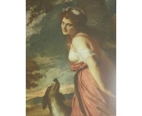 Portrait of an 18th century Lady with a Dog, colour print 54cm x 42cm in gilt frame