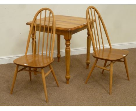 Pair ercol stick and hoop back chairs and light wood table, 75cm x 75cm