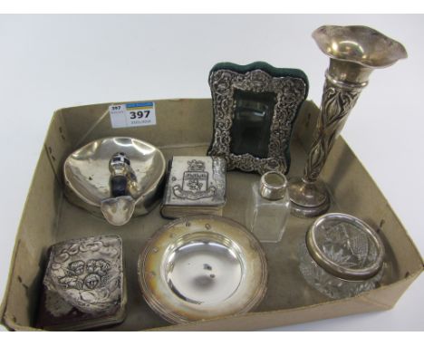 Hallmarked silver mounted photo frame, Art Nouveau posy vase, trinket dishes etc in one box