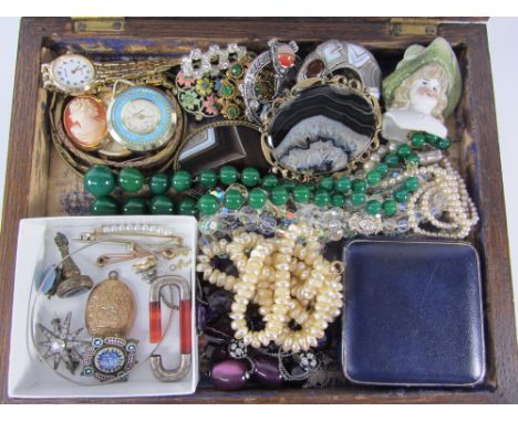 Vintage and later Scottish hardstone and agate brooches, micro-mosaic and other brooches, pearl and bead necklaces in wooden 