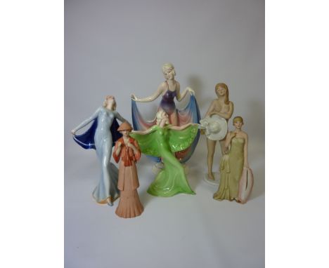 Three Art Deco period Katzhütte figures H32cm diminishing, Wallendorfer Porzellan nude and two other bisque figures (6)   Con