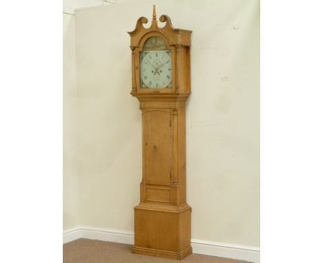 18th century stripped pine longcase clock, later 8-day movement, subsidiary seconds dial signed (on the faceplate) Wick sons,