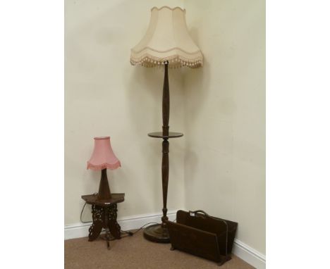 Mid 20th century oriental carved standard lamp with shade (H154cm (without shade)),  matching table lamp with shade (H31cm (w