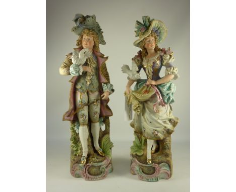Pair Victorian bisque figures H46cm  Condition Report Female - wing missing from dove. 
Male - figure has been broken in half