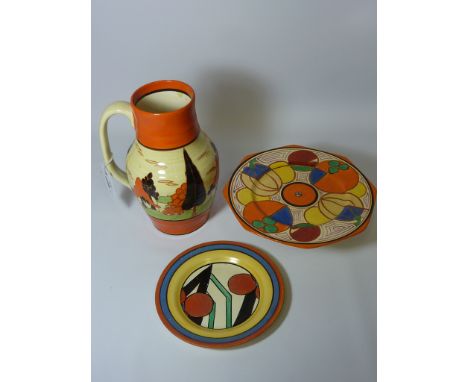 Clarice Cliff Fantastique 'Melon' pattern comport H7.5cm, Clarice Cliff Bizarre plate D17.5cm and a similar Clokie & Co Ideal
