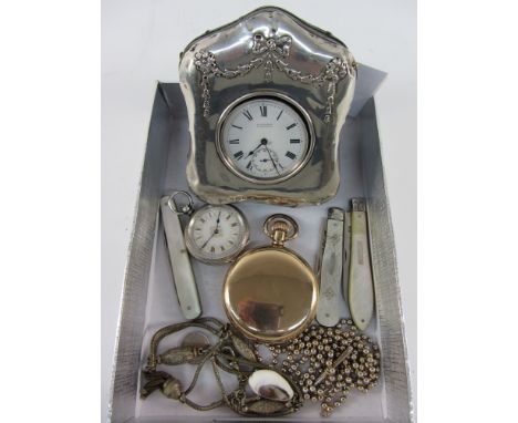 Hallmarked silver pocket watch in stand, continental key wound enamel faced fob watch stamped 935, gold plated pocket watch, 