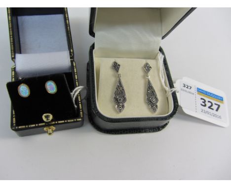 Pair of marcasite pendant ear-rings stamped 925 and a pair of gold-plated opal ear studs