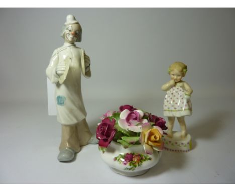 Royal Worcester figure 'Only Me' modelled by F.G. Doughty no. 3226, Tengra clown and a Royal Albert 'Old Country Roses' posy 
