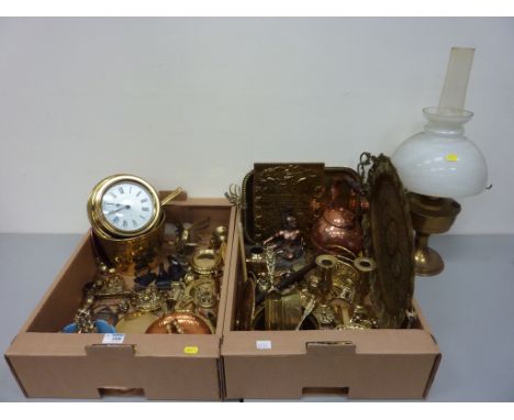 Pair 19th century brass candlesticks, Arts and Crafts design jardiniere, wall clock, oil lamp and other decorative brass and 