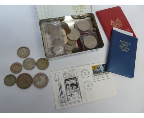 First Man on the Moon FDC, 1935 silver crown, QEII five pound piece and various coins