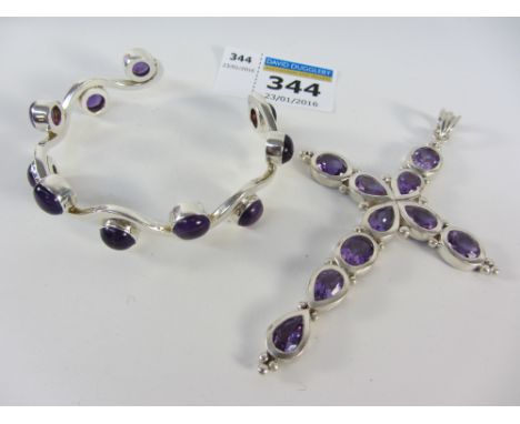 Amethyst set bangle and a cross pendant stamped 925
