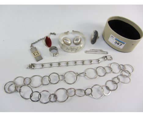 Circles necklace stamped sterling, hallmarked silver bangle and  bracelet, pair ear-rings stamped 925, rings etc in one box