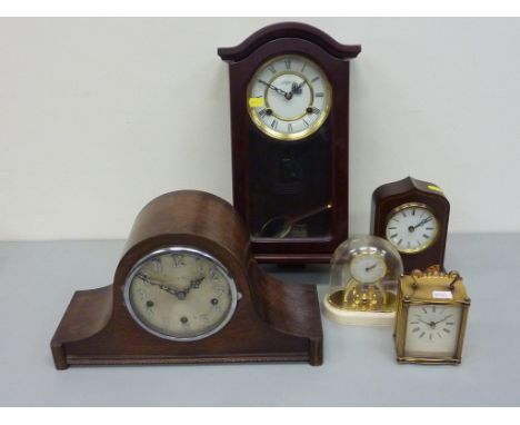 20th century oak dome top clock, modern mahogany finish wall hanging clock and three various other clocks in one box