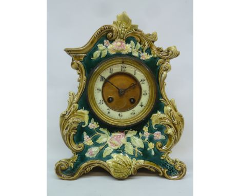 Mantel clock with French movement, ceramic case decorated with wild roses H27.5cm