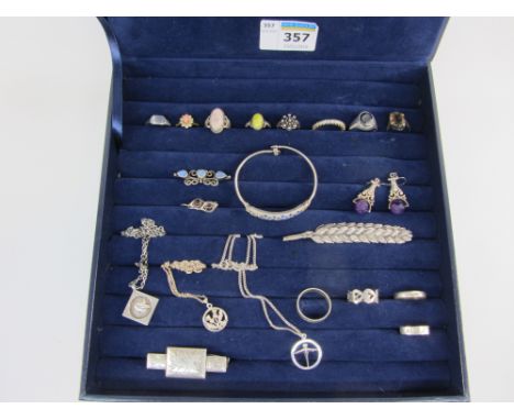 Box containing  rings, bangle, brooches, pendant necklaces hallmarked, stamped 925 etc.