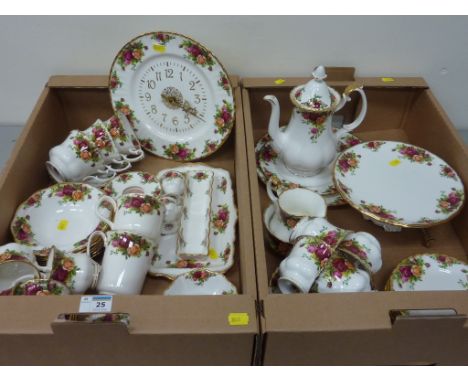 Royal Albert 'Old Country Roses' teaware, wall clock and other decorative items in two boxes