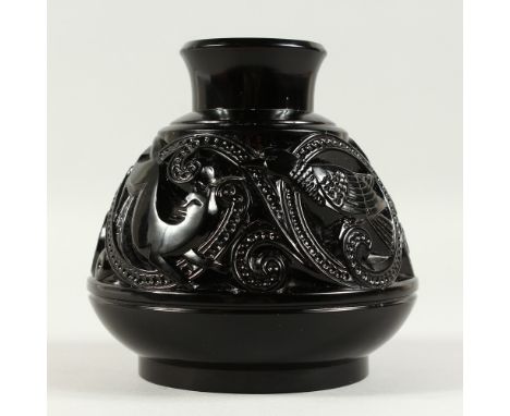 A RARE 1920'S ART DECO BLACK GLASS BULBOUS VASE with a panel of deer, birds, panther and scrolls. 18cms high x 15cms diameter