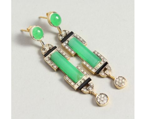 A PAIR OF 9CT GOLD AND SILVER SET DIAMOND, JADE AND ONYX DROP EARRINGS, boxed.