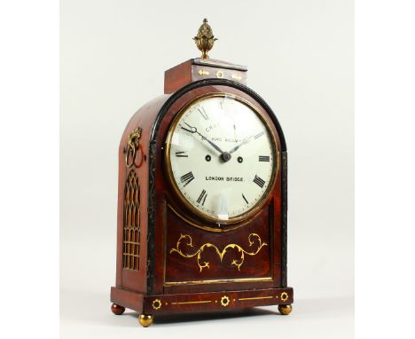 A REGENCY MAHOGANY BRASS INLAID MANTLE CLOCK BY CHARLES LEACH, 52 KING WILLIAM STREET, LONDON BRIDGE, with white dial, eight 